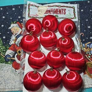 Vintage Pyramid 12 Red Unbreakable Satin Ornaments Made In U.S.A MCM Retro Trend